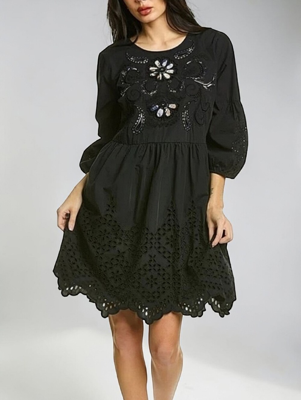Johnny Was Merla Dress XS Black Embroidered Eyelet Floral Appliqué Boho NEW